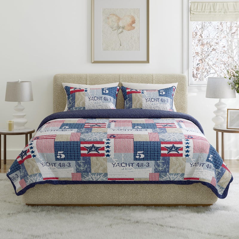 Lavish Home 2-Piece Quilt Set - Nautical Americana Patchwork Print All-Season Soft Microfiber Bedspread - Twin Bedding with Pillow Sham by Lavish Home - Image 5